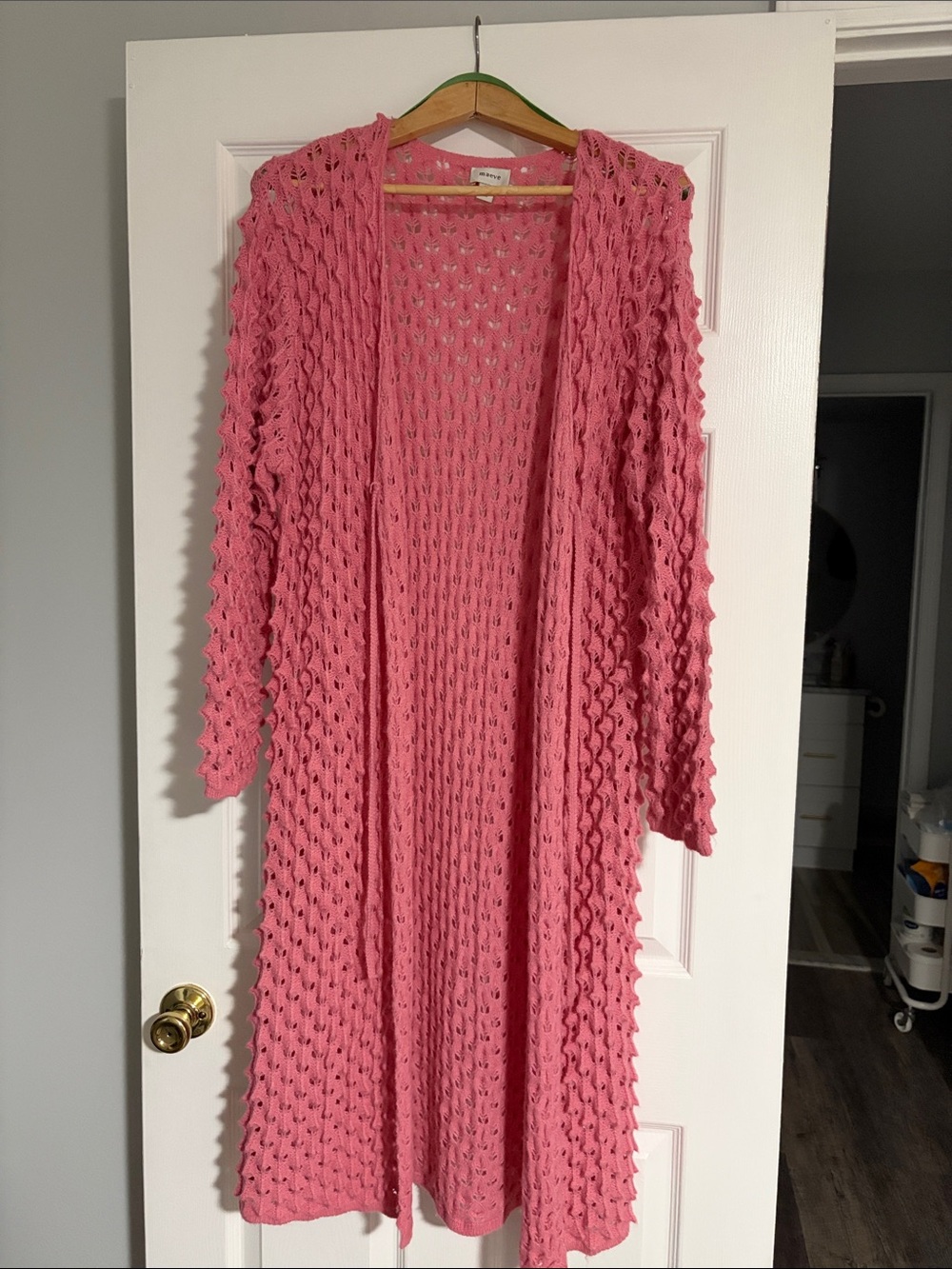 Maeve Long Open-Front Pink Crochet Cardigan
